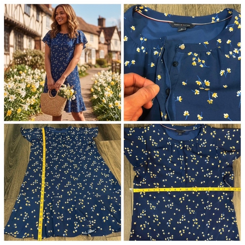 Tommy Hilfiger Floral Flutter Sleeve Ruffle Hem Shift Dress Navy Blue M Preppy - Picture 7 of 16